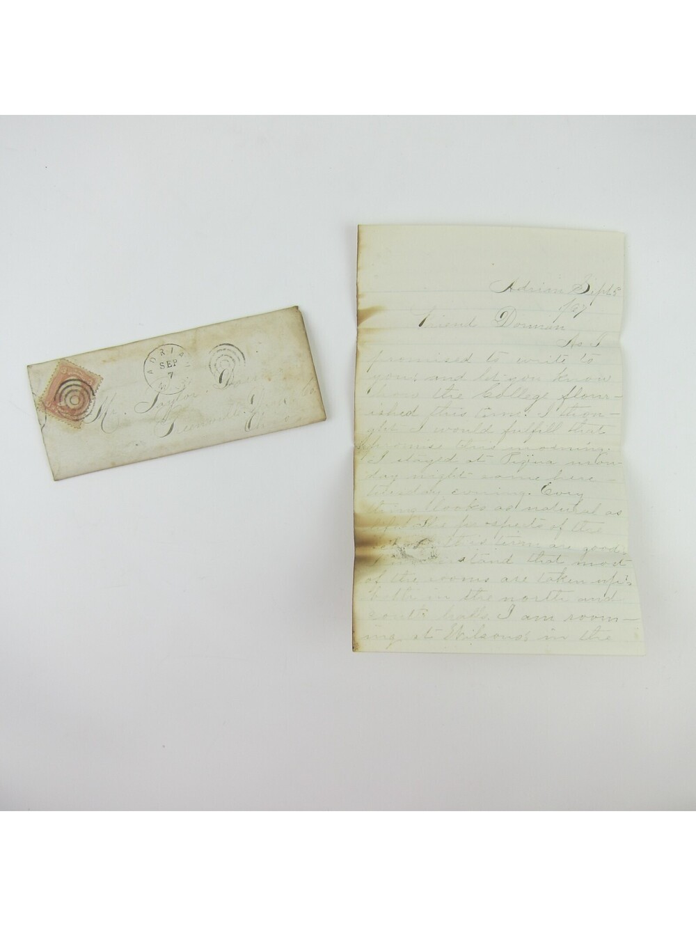 Antique 1867 Letter Taylor Dorman Greenville Ohio Adrian College MI #65 Stamp 3c